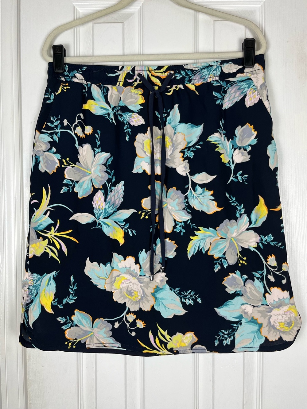 Ann Taylor Navy Floral Pull On Drawstring Skirt Sz L Knee Length